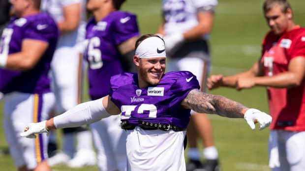 Aug 18, 2020; Eagan, Minnesota, United States; Minnesota Vikings tight end Kyle Rudolph (82) warms up at training camp at TCO Performance Center. Mandatory Credit: Brad Rempel-USA TODAY Sports